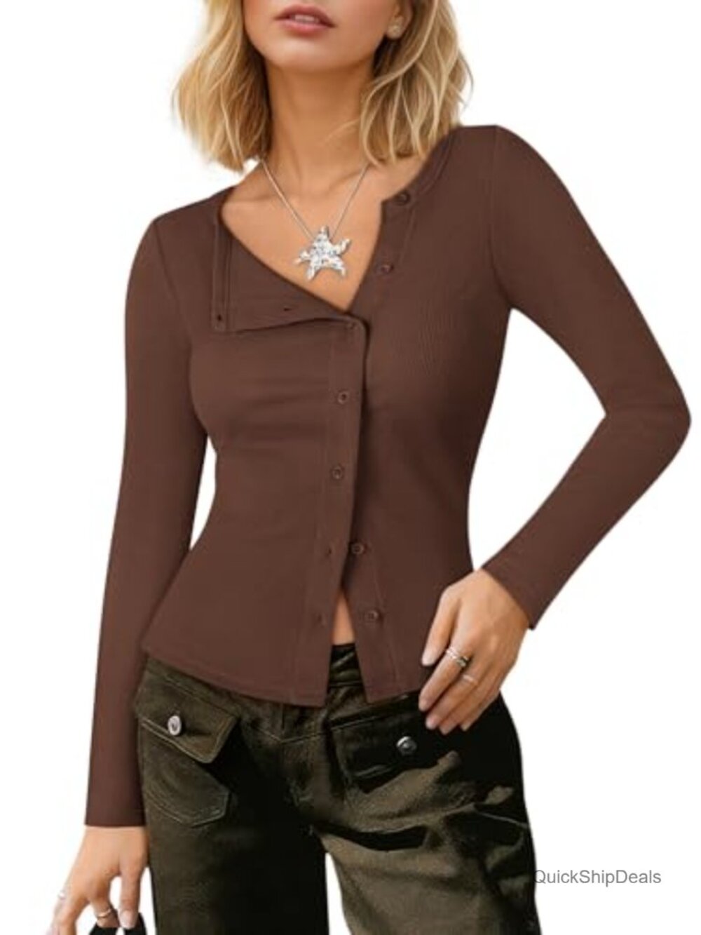 Asymmetrical Button Up Ribbed Long Sleeve Crop Cardigan for Women